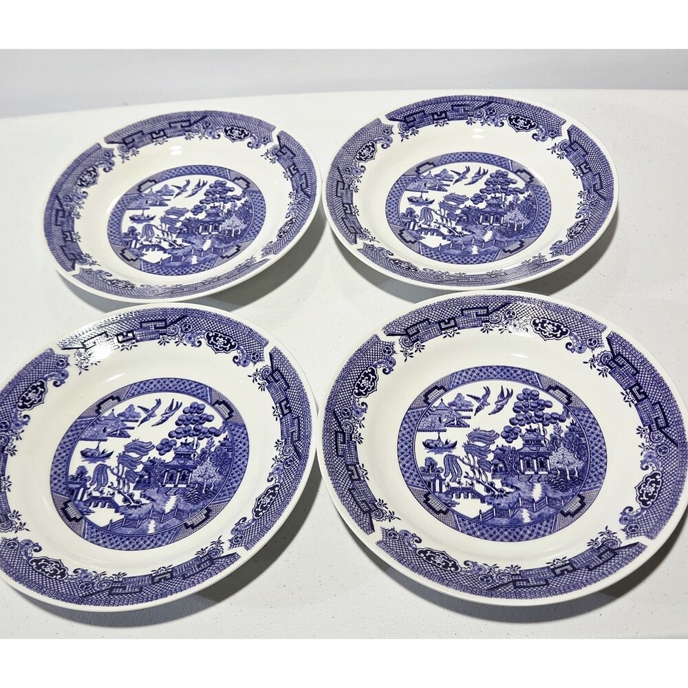 VINTAGE BLUE WILLOW ROYAL USA CHINA RIMMED SOUP BOWLS 8" SET OF 4